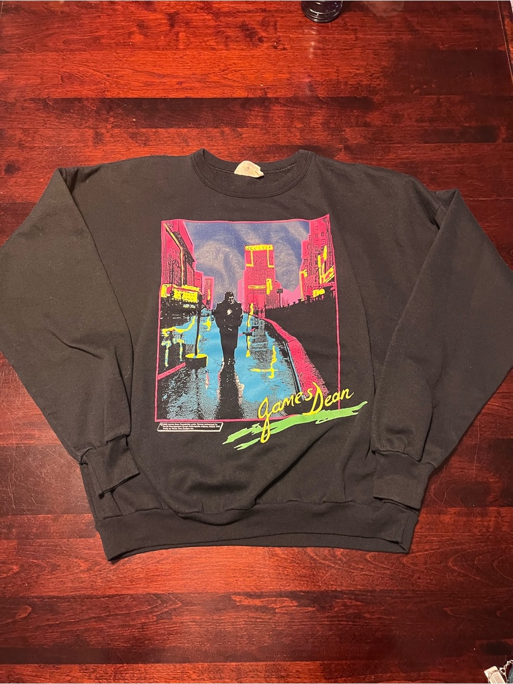 Vintage James dean Black Crewneck Sweatshirt with Neon Graphic 1989